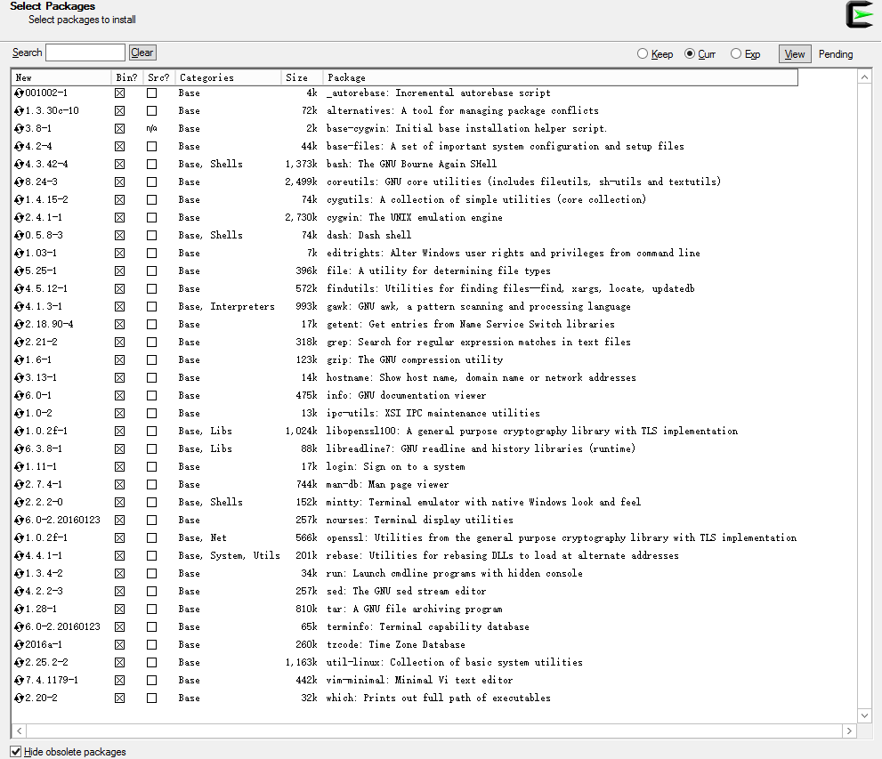 Base packages in Cygwin