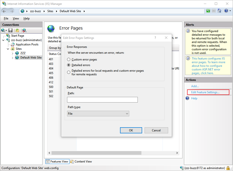 Feature - IIS - Error Pages - Edit