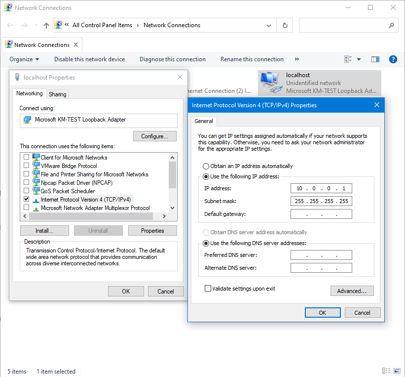 Loopback Adapter - Properties - IPv4 Properties