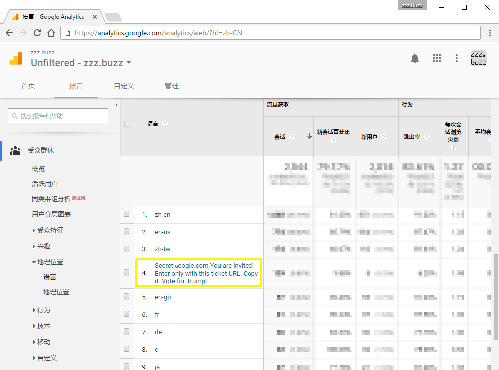 Google Analytics 报告/访客语言 示例